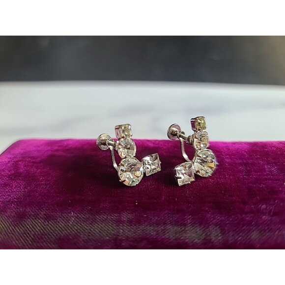 Prong Set Clear Rhinestone Screwback Earrings Vintage - Picture 7 of 10